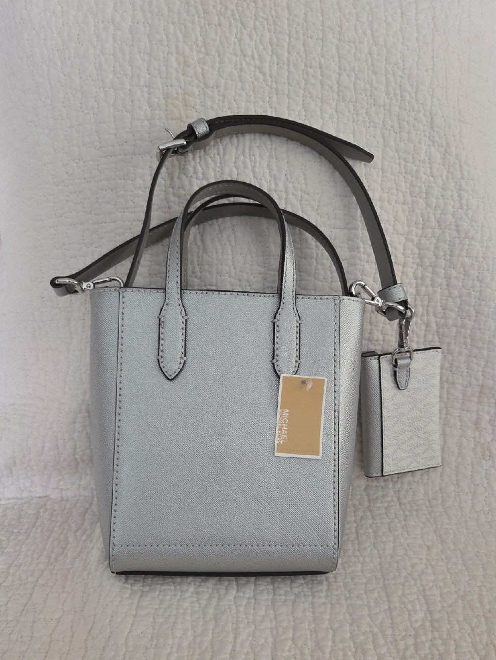 Michael Kors Silver Mini Saffiano Mini Tote with Crossbody Strap and card pouch - Picture 2 of 6